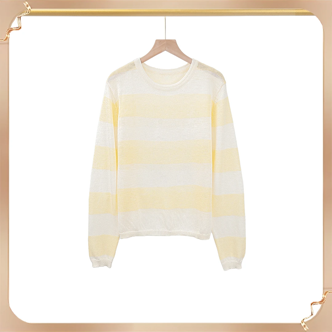 【妞妞】春季新款清新芝士黄条纹撞色针织衫显瘦慵懒风03637