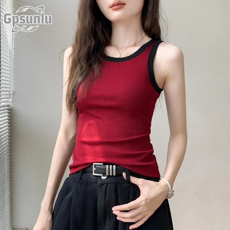gpsunlu拼色设计感圆领无袖背心女新款辣妹外穿修身美式内搭上衣