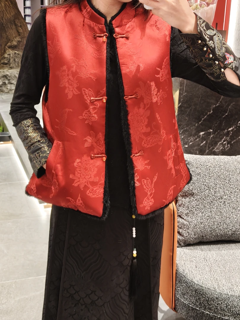 【红梦】冬季双面双穿马甲国风新中式皮毛一体冬季加厚上衣马夹女款