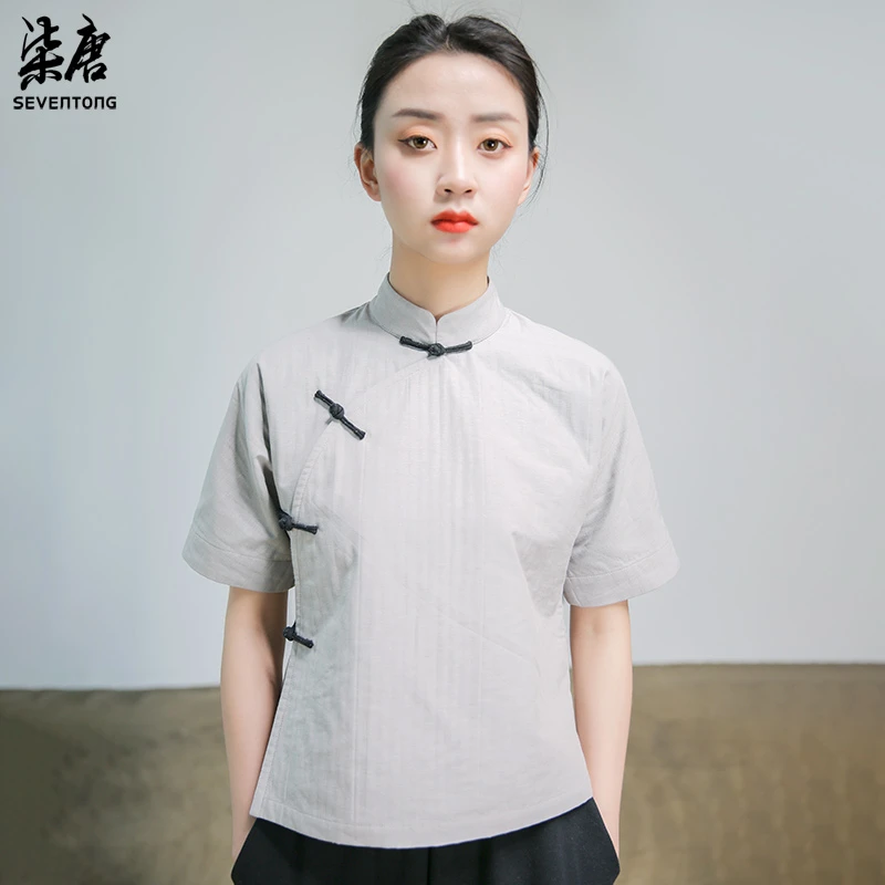 5860改良唐装女短袖斜襟复古立领盘扣短旗袍上衣女清新文艺经典款