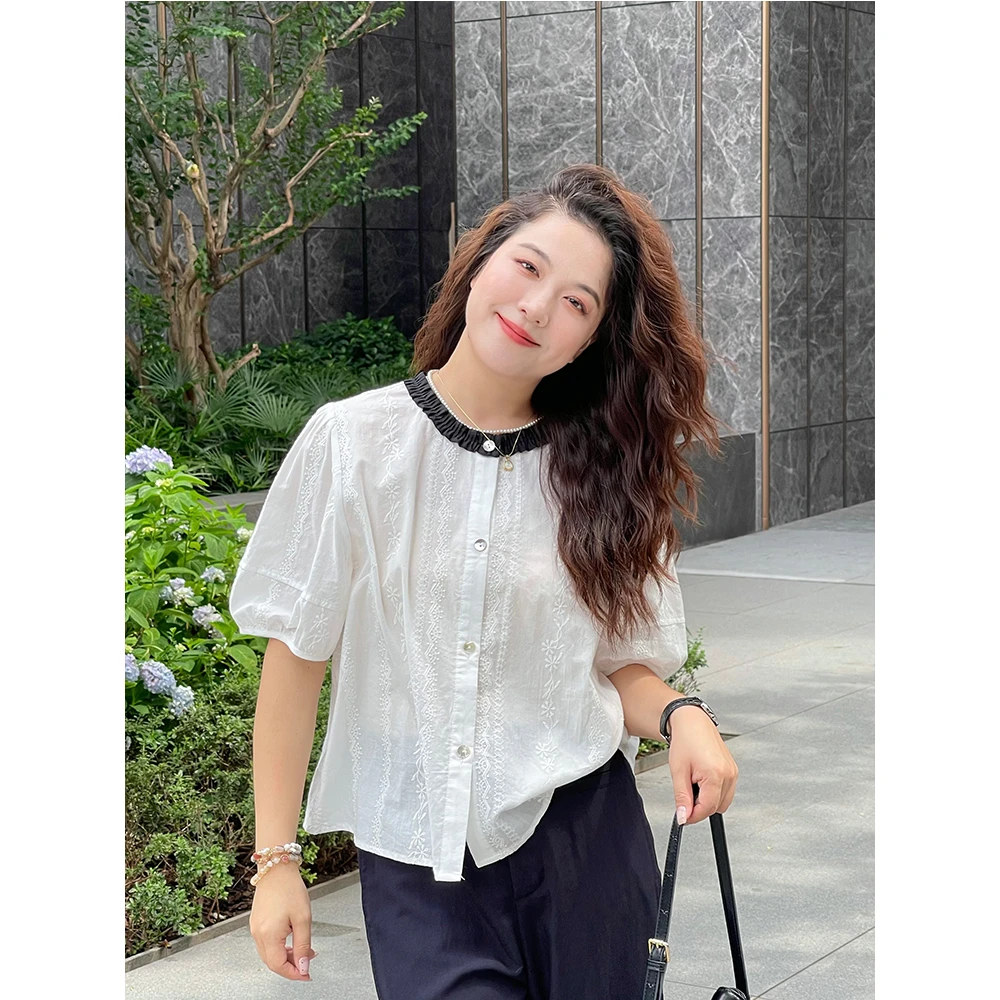 WenWen小个子设计感撞色超好看圆领短袖衬衫漂亮刺绣小衫4101