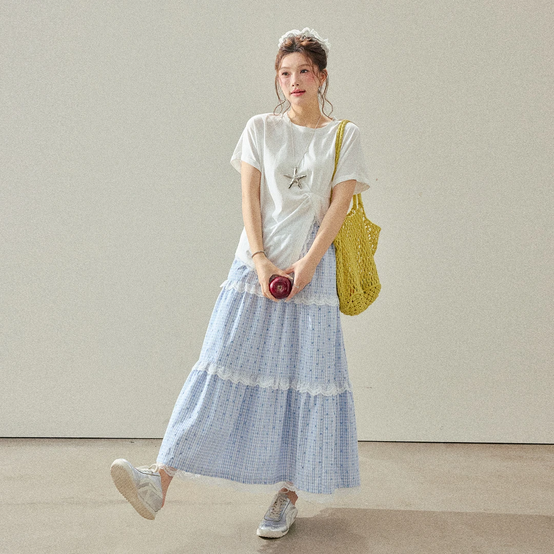 【奶酥汽泡】大码女装微胖妹妹设计感上衣蕾丝拼接半裙套装