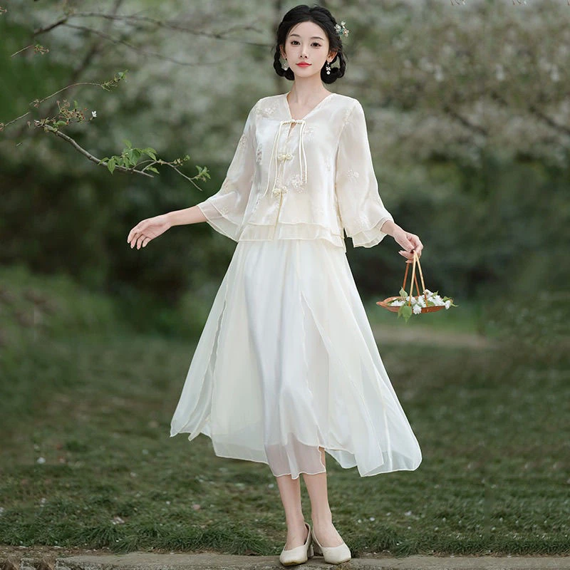 新中式文艺复古清新刺绣盘扣V领改良民族风中袖半身裙女套装