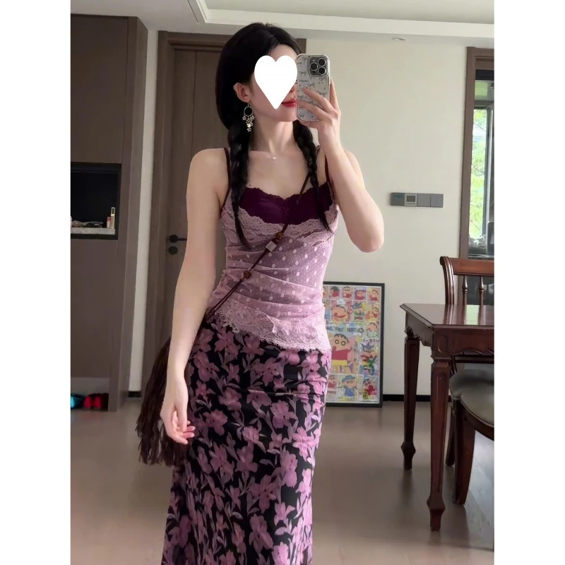 纯欲撞色波点紫色吊带背心女装2025夏季外穿上衣开衫半身裙三件套