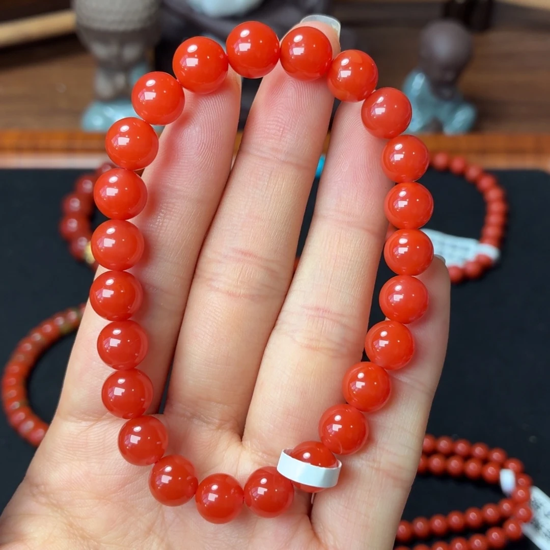 南红玛瑙未镶嵌手串保山原矿南红大陷坝柿子锦卡8+