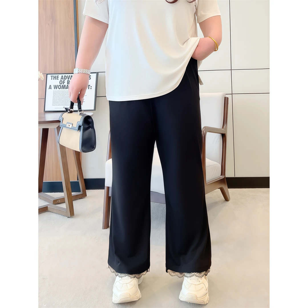 大码女装新款时尚简约百搭花契200斤胖mm夏款弹力显瘦微喇裤14649