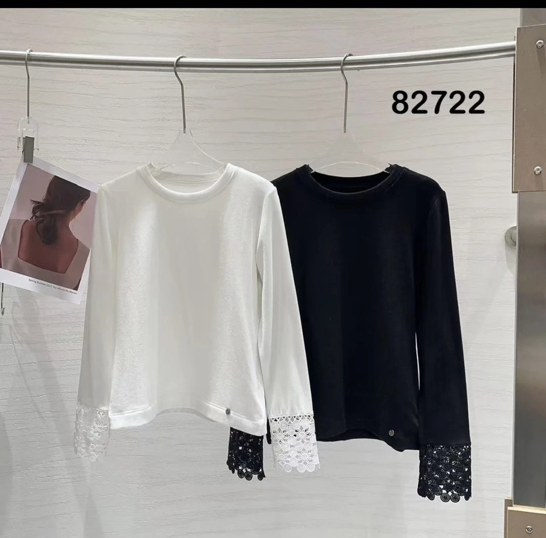 KW【山茶花】休闲宽松圆领袖口拼接蕾丝长袖T恤女上衣T恤