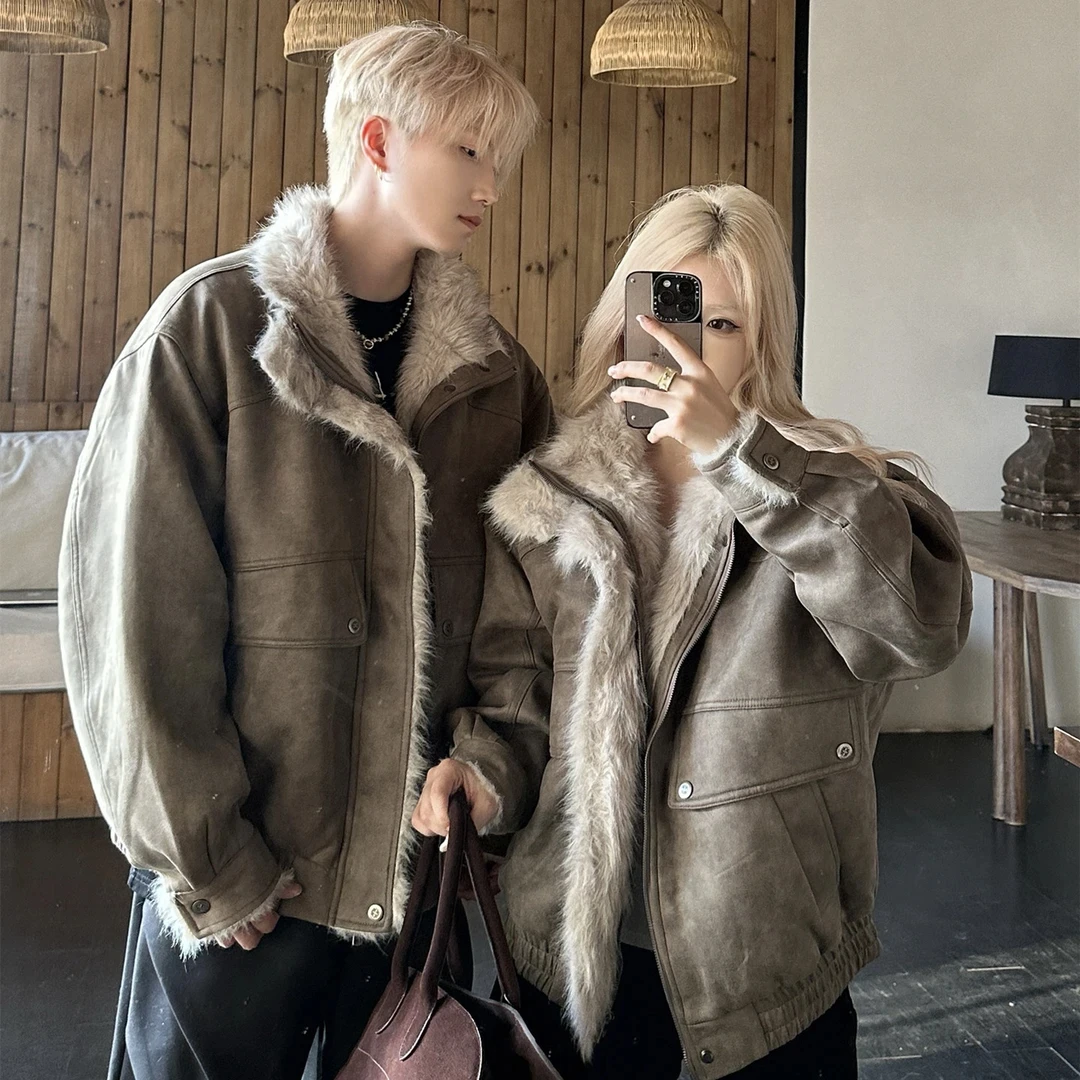 美拉德情侣装冬季棉衣ins超火皮毛一美式复古男女外套男士短款