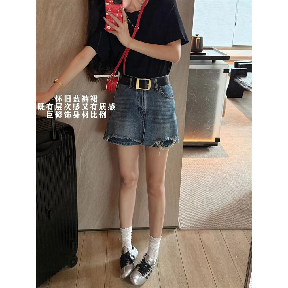 复古磨破毛边直筒牛仔裙裤女夏季新款高腰宽松显瘦设计阔腿短裙裤