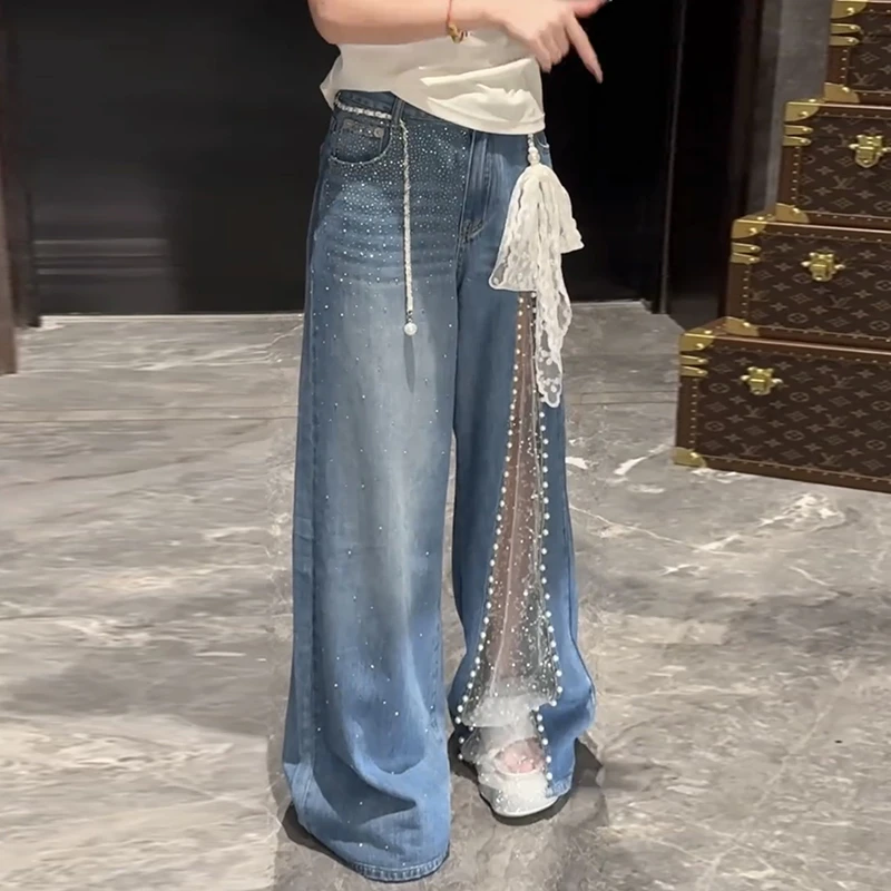 美式复古烫钻牛仔裤女2025夏季新款高腰显瘦直筒阔腿拖地长裤子潮
