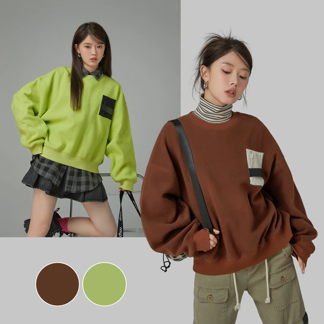 4320【马琦尧专属】CHUU撞色口袋设计颗粒绒宽松套头卫衣-Y