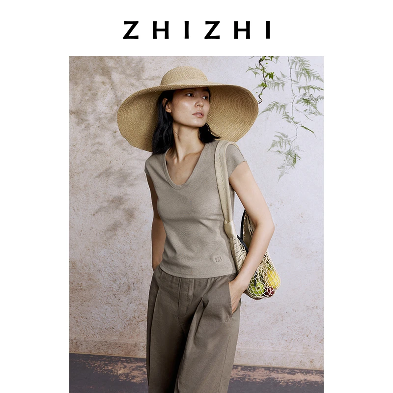 致知 穆护沙 U领T恤2025夏季新款简约百搭短袖ZZ2EMWT1016