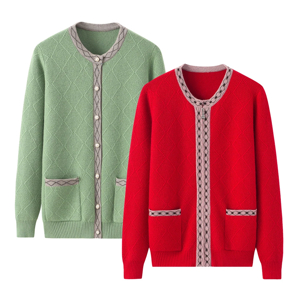 冬季中老年妈妈装加厚羊绒衫开衫奶奶女士小香风圆领口袋宽松毛衣