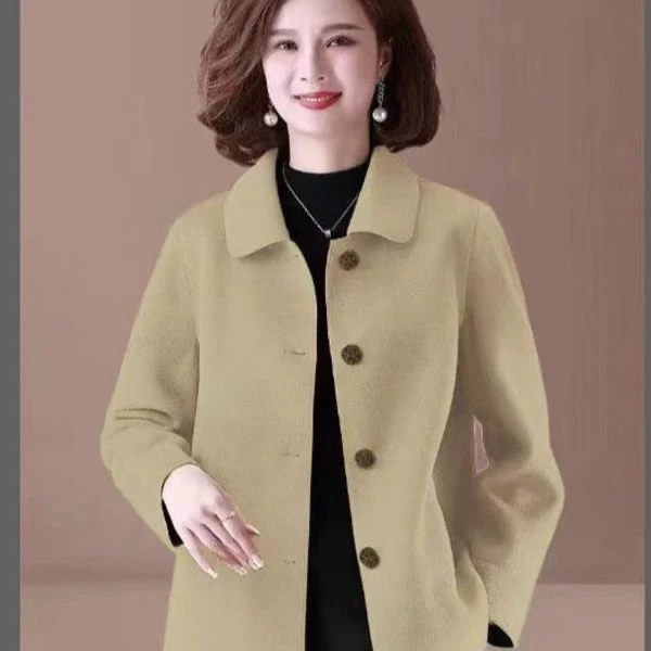 2025春秋新款双面绒双面呢妈妈装外套翻领短款大衣毛呢短外套洋气