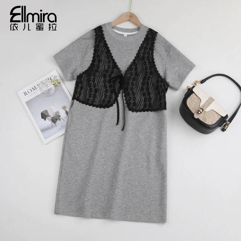 【现货】9235连衣裙蕾丝假两件裙子宽松显瘦中长款2025新款洋气棉感