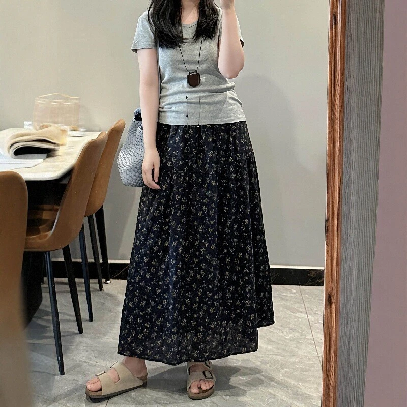 松紧腰碎花半身裙女大码胖mm高腰巨显瘦遮肉松紧腰a字伞裙大摆裙