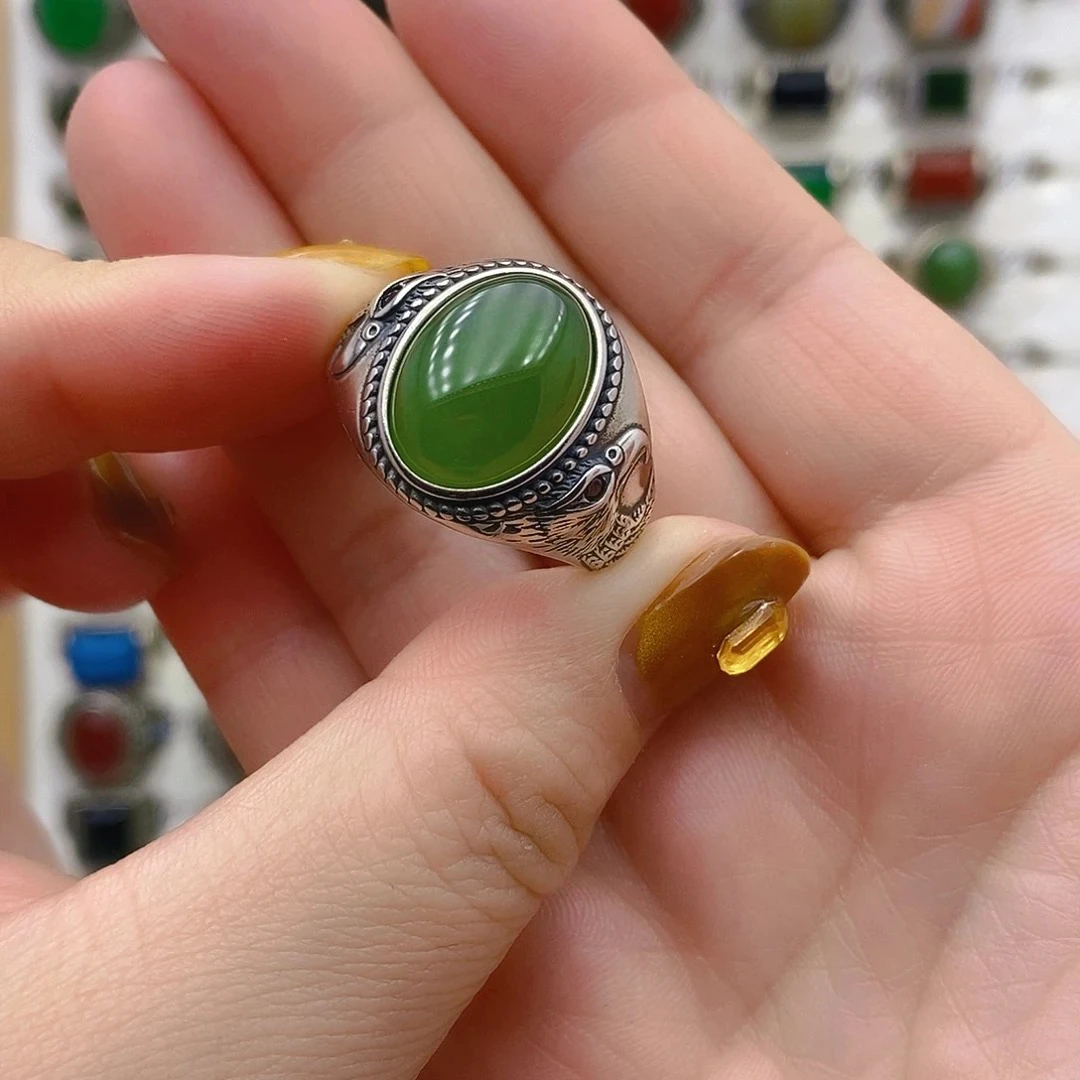 和田玉碧玉复古大展宏图雄鹰男戒银925镶嵌开口戒