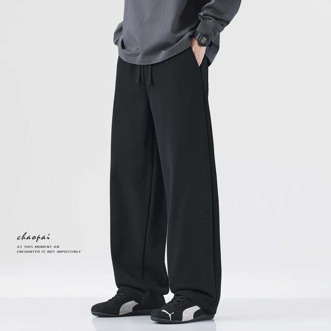 黑色抽绳垂感休闲裤男士2025秋冬季潮牌宽松百搭加绒拖地弯刀卫裤