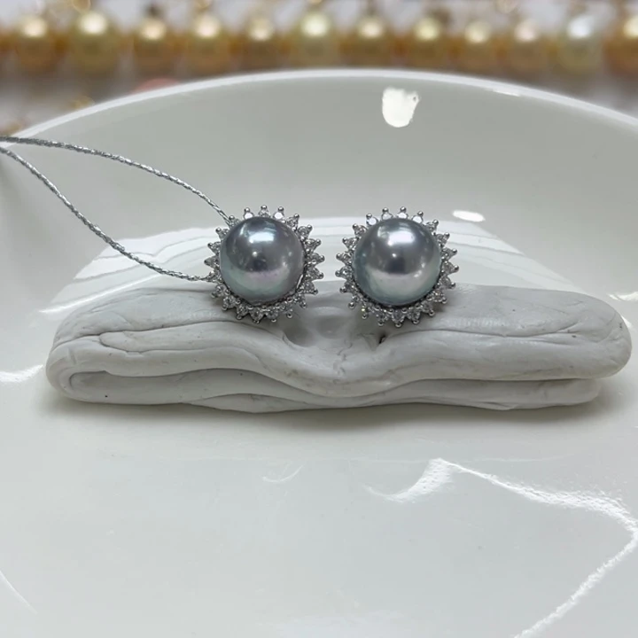 银S925镶嵌耳饰海水珍珠真多麻8-9m 14号