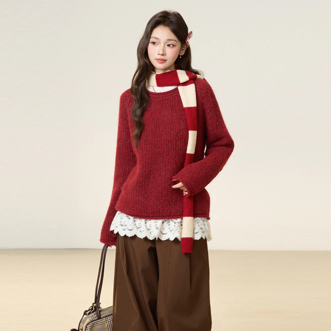 实拍实价高级感卷边圆领毛衣女2025秋冬新款慵懒感软糯针织衫上衣