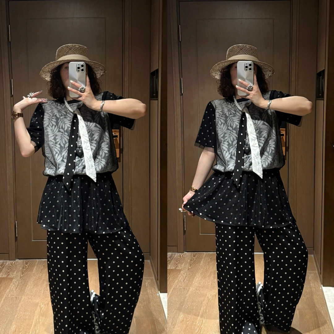 YDFSTUDIO小众【晚风清梦】高品重工蕾丝撞色拼接波点上衣+裤子套装