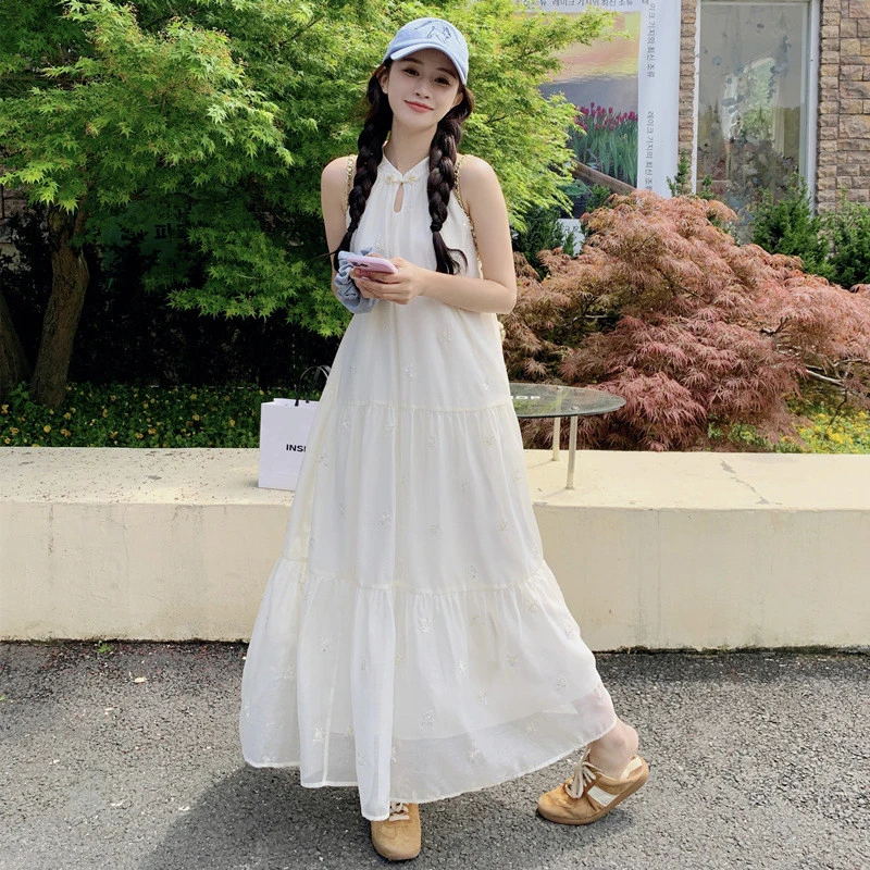 【限量款】超仙大摆无袖挂脖长裙女夏新款蕾丝印花高级感度假连衣裙