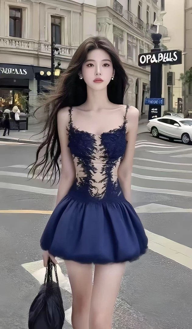 轻奢高端优雅温柔知性风藏青色U领吊带收腰连衣裙女性感时尚气质