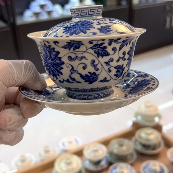 瓷片白青花缠枝莲元宝盖碗全品