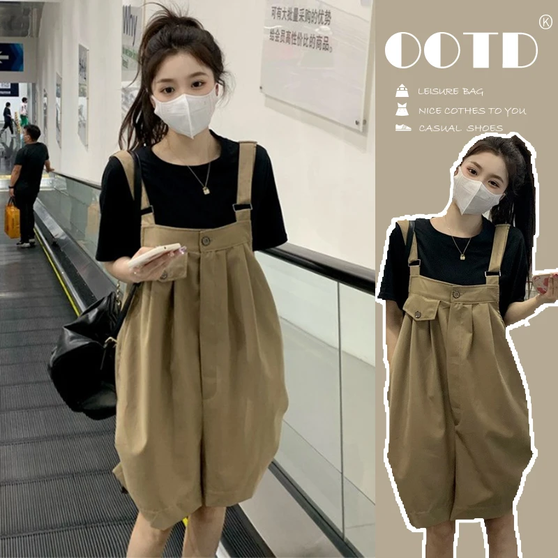 孕妇背带裤夏季薄款外穿2025新款休闲阔腿短裤宽松短袖T恤两件套