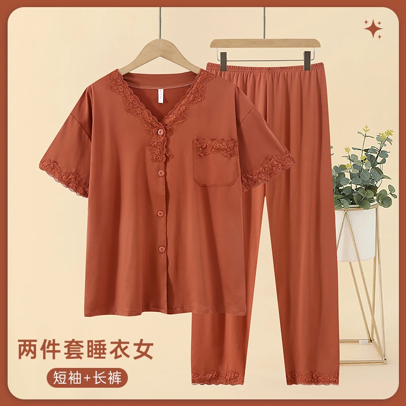 蕾丝拼接短袖睡衣女甜美纯棉夏季新款大码休闲开衫家居服外穿套装