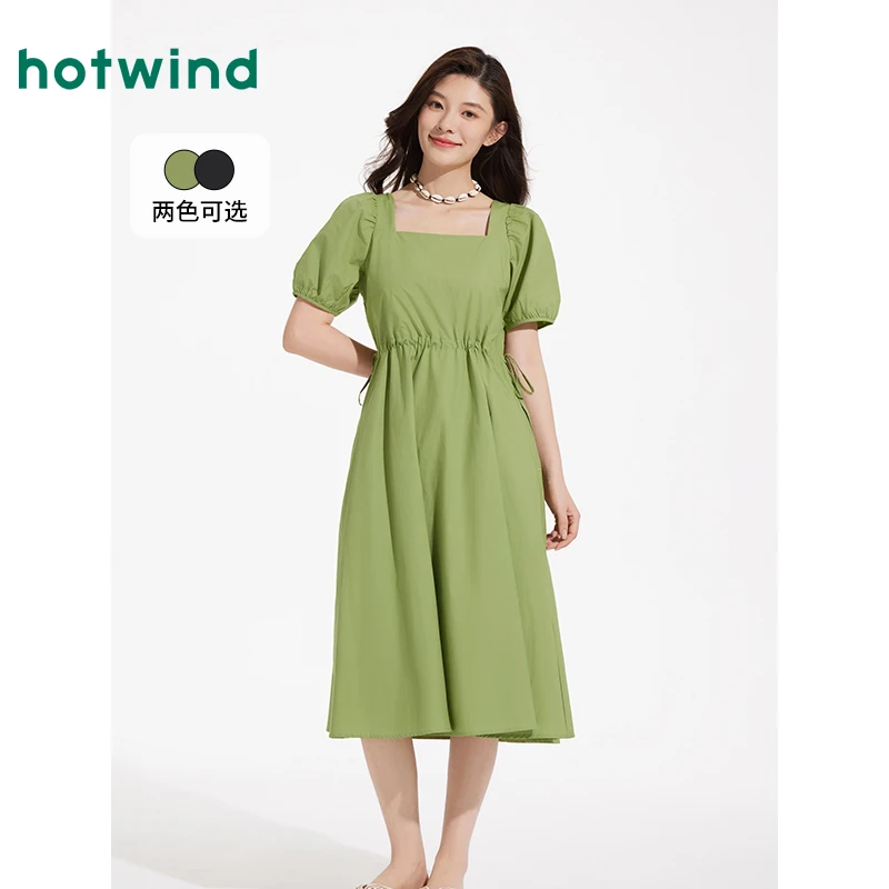 热风2025年夏季新款女士气质方领连衣裙F19W3647