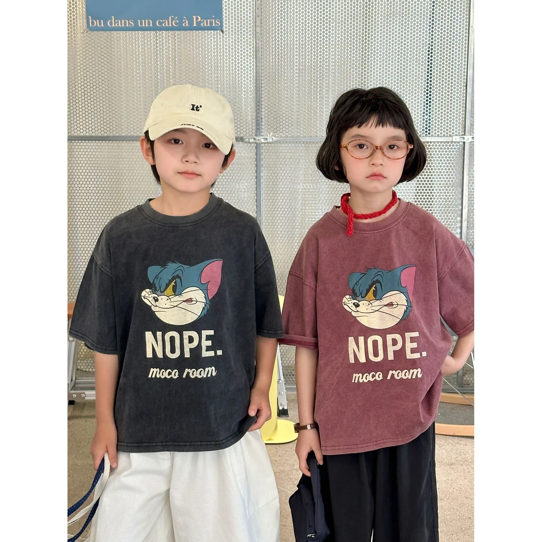 in 爱：mx25夏韩版儿童卡通猫咪短袖男女童洗褪设计感宽松半袖522