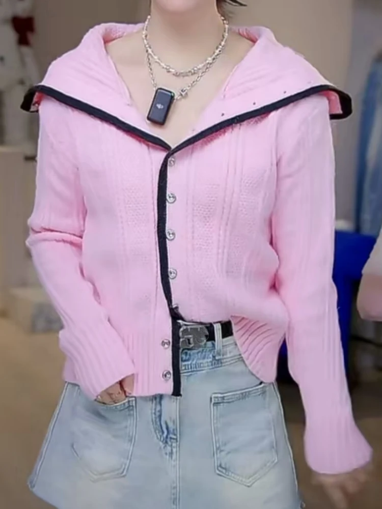 【济州岛】撞色边慵懒海军领针织开衫 南油AZ