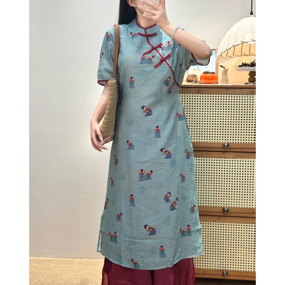 【云笙-唐宫仕女】新中式短袖宽松腰绳连衣裙夏季女连衣裙