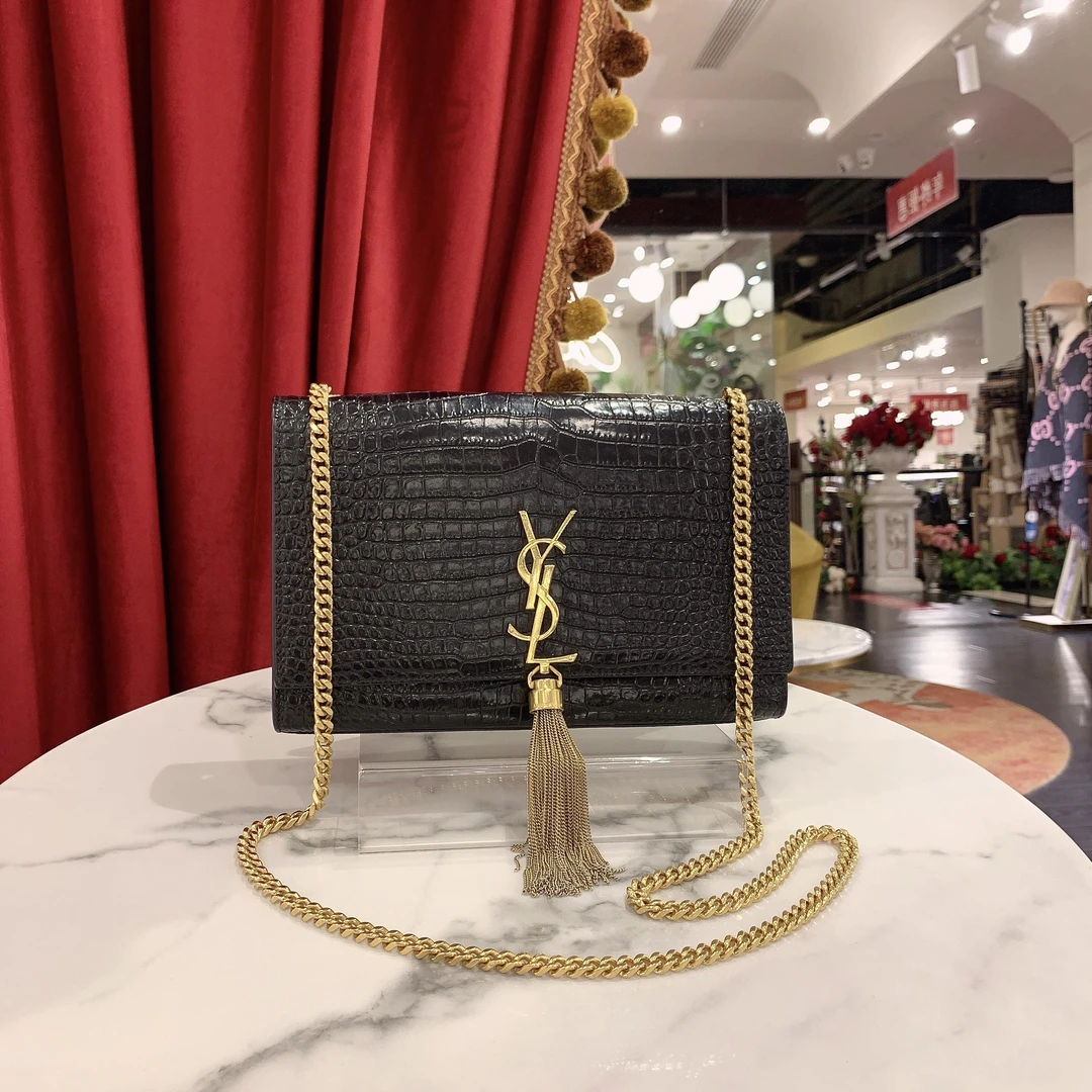 95新 YSL/圣罗兰 GGS流苏Kate中号黑色金扣鳄鱼压纹32351767