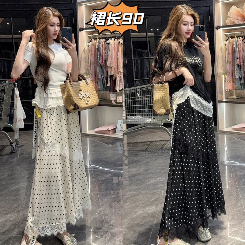 【巴黎波点】62827波点不规则蕾丝拼接松紧腰半身裙