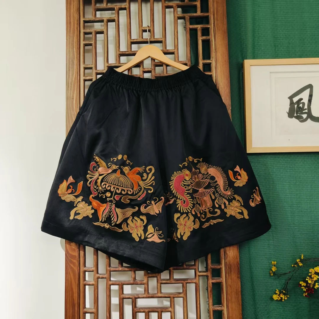 苗( LK135-14) 凤徕兮私人定制黑底咖色图腾刺绣全松紧加衬六分裤