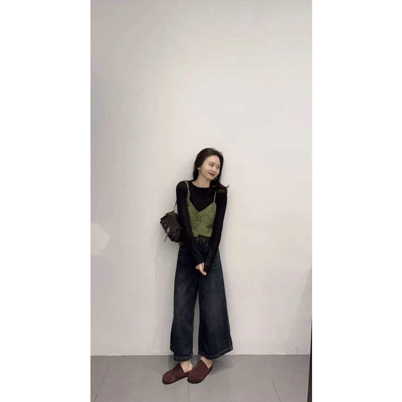 2025秋季新款韩系简约针织吊带背心女叠穿黑色打底衫牛仔裤三件套