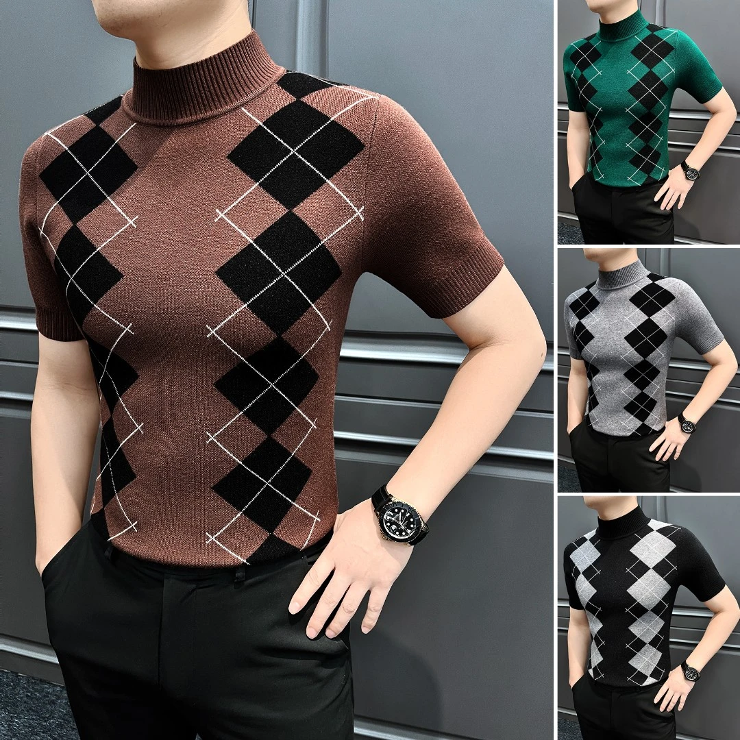 菱形格子男士打底衫秋季百搭时尚潮流男装半高领毛衣男款短袖T恤