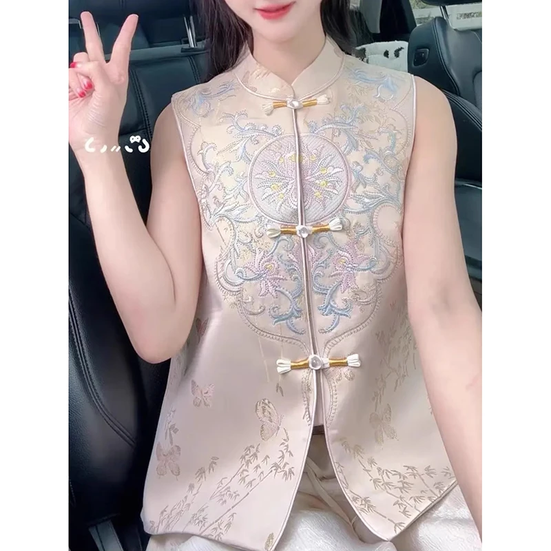 新中式国风女装盘扣上衣2025春季新款高级感复古百搭粉色刺绣马甲