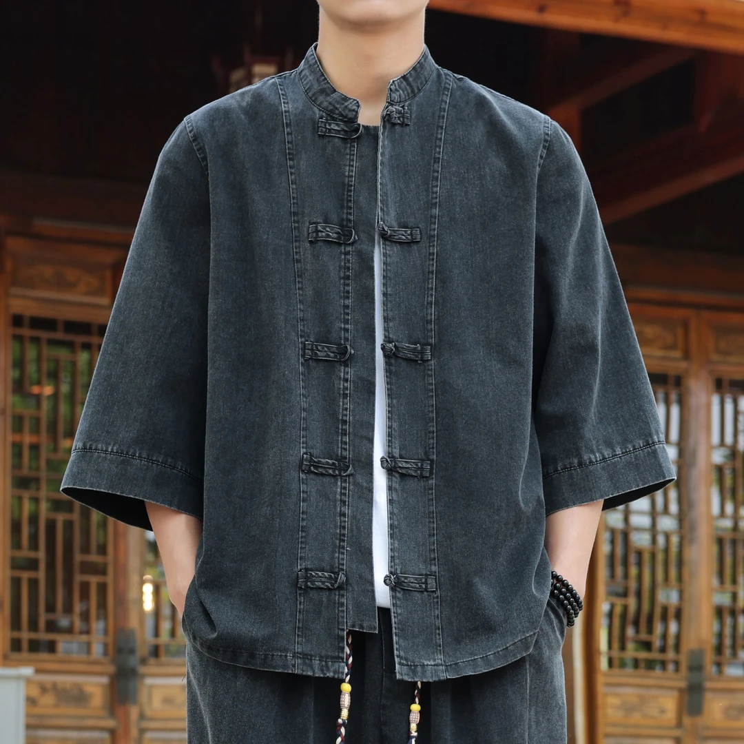 【双11狂欢价！】 夏季薄款牛仔透气衬衫国风防晒大码男士【套装可选】