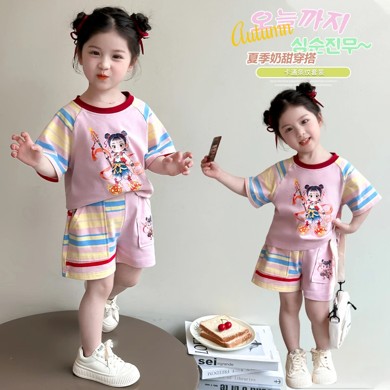 女童夏季运动套装2025新款女宝宝洋气短袖两件套儿童夏装哪吒衣服