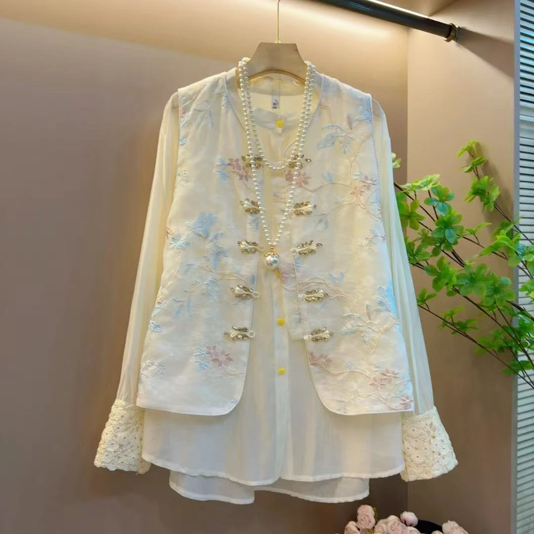 胖MM显瘦减龄春夏重工国风亮钻百搭马甲两件套