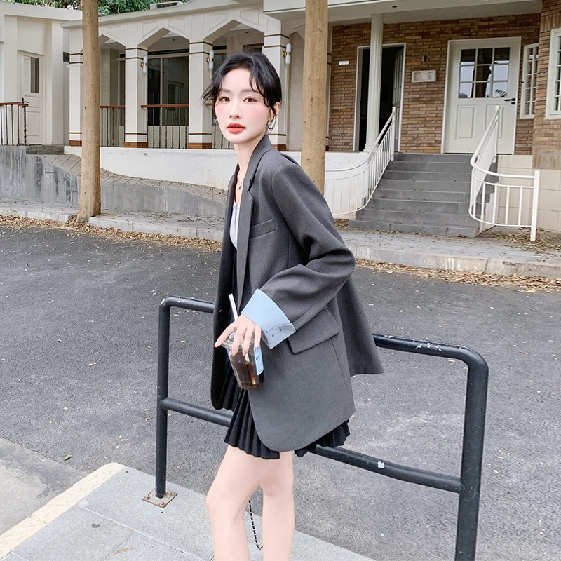 西装外套女早春季2025新款韩系高级感轻熟风御姐流行拼接灰色西服