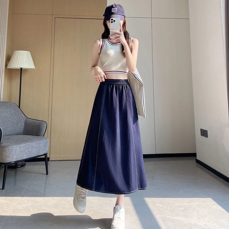 （明线绗缝牛仔半身裙）2616复古经典百搭松紧腰A字牛仔半身裙H