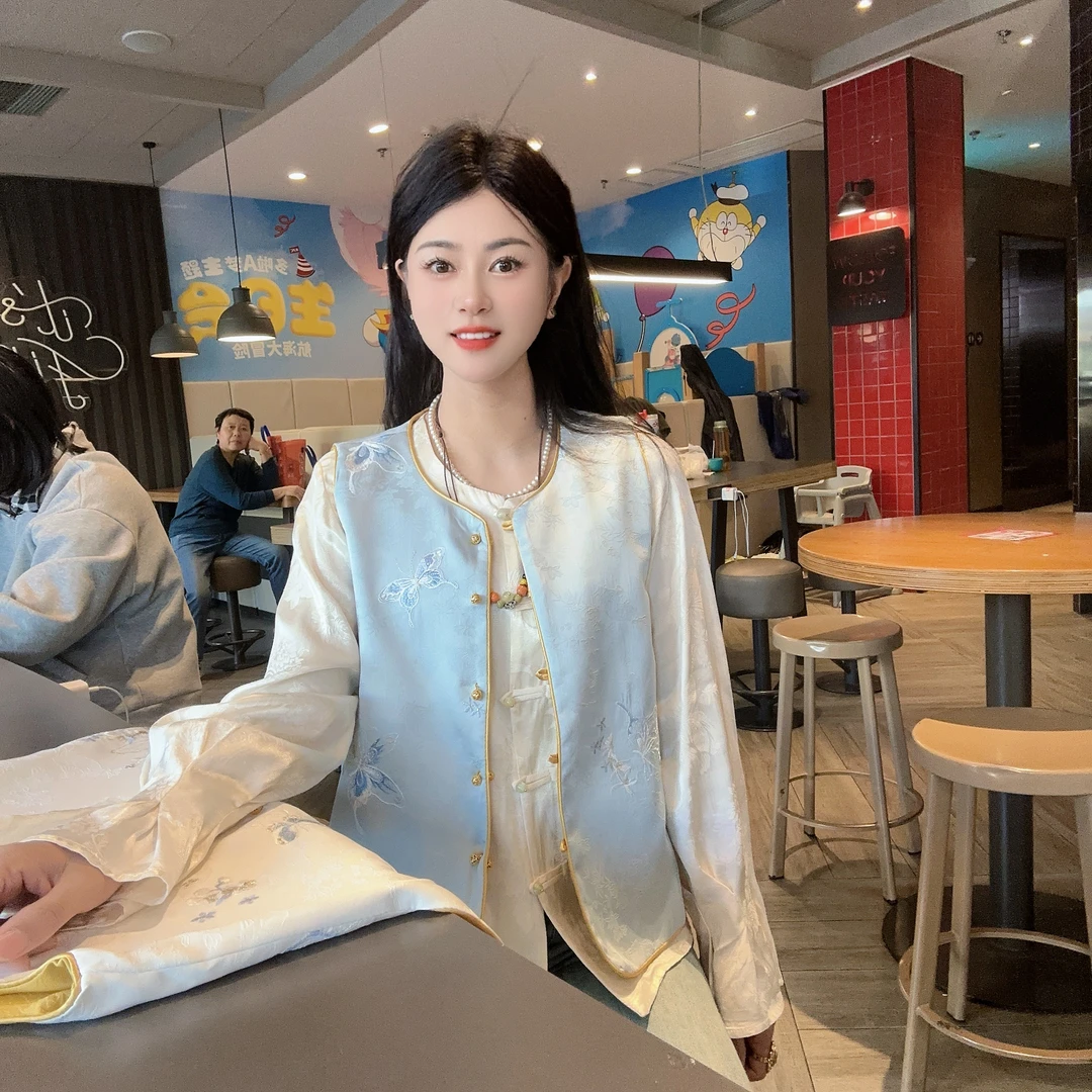 【兰蝶】新中式气质双面穿刺绣重工蝴蝶圆领包边手工扣马甲