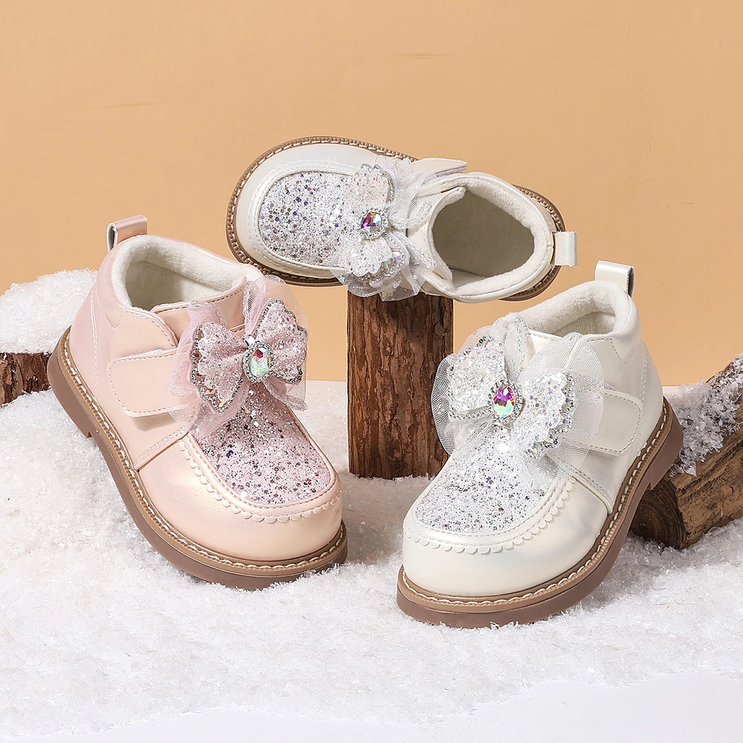 女童靴子儿童皮鞋2025新款冬季女孩女孩水晶蝴蝶结加绒冬款加厚靴