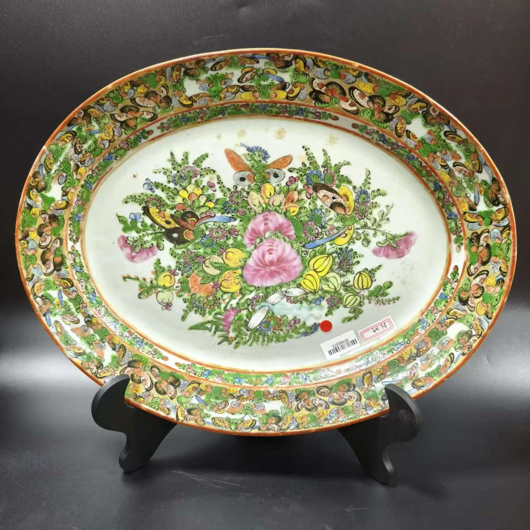 DS104 清同治广彩百花连绵椭圆盘(有磕) 长37.5cm 宽29cm