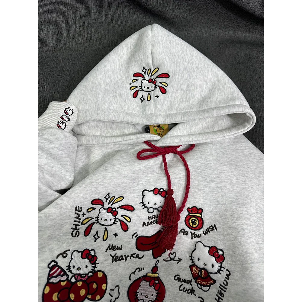 纯棉可爱甜妹k猫刺绣连帽宽松慵懒风外套卫衣女秋冬加绒新年衣服