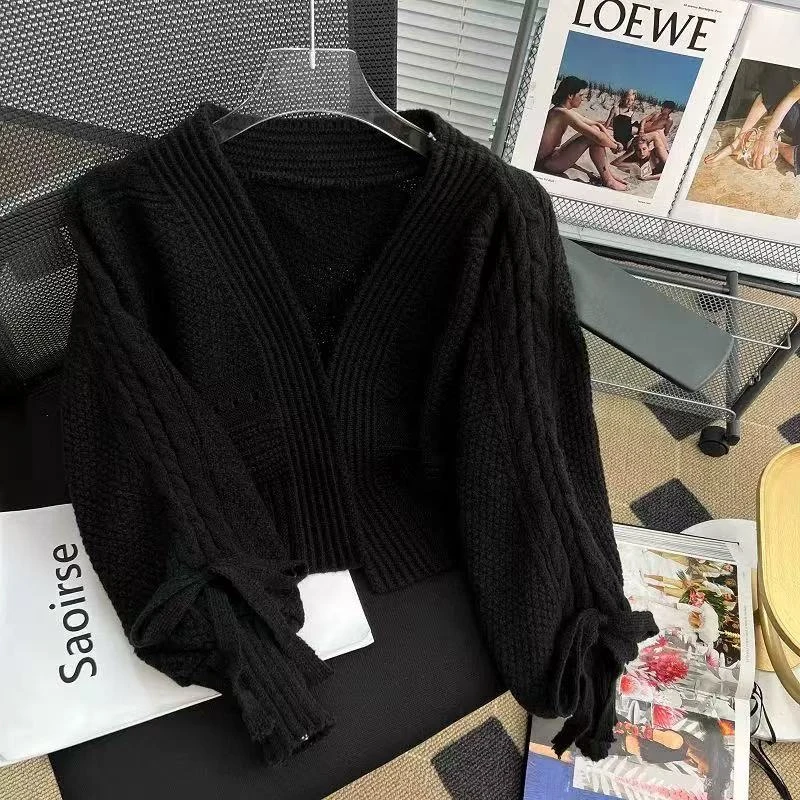 开衫毛衣外套女秋冬时尚韩版短款蝴蝶结百搭时髦洋气针织长袖上衣